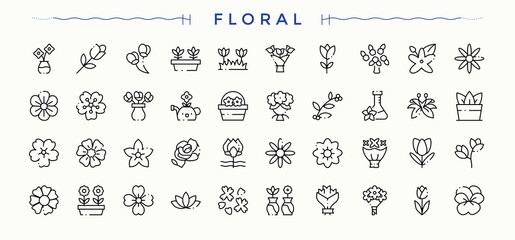 Floral icon set. Flower thin line icons set. Perfect for logos and infographic. Flora icon pack. Editable vector stroke.