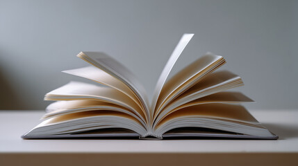 Obraz premium Open book with blank pages resting on a wooden surface, showcasing a calm and serene reading atmosphere for knowledge and creativity