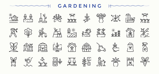 Gardening icon set in linear style. Minimal icons pack. Tree icon set. Contain linear symbols flower, plant, garden, rake, shovel and more. © Rubbble