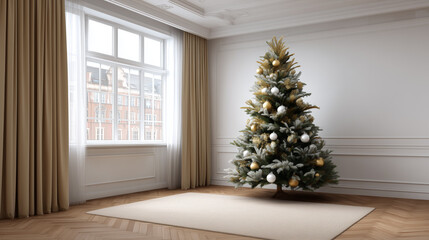 Festively Decorated Christmas Tree in Bright Modern Living Room with Natural Light Streaming Through Windows and Cozy Atmosphere