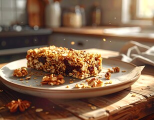 Close-up of a granola bar and walnuts on a plate with soft lighting