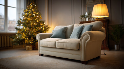 Cozy living room with elegant sofa, soft cushions, warm light, beautiful Christmas tree, stylish decor, and festive ambiance during holiday season