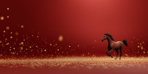 Beautiful brown horse figurine running on a sparkling golden surface against a vibrant red background with shimmering bokeh lights