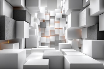 Abstract white and gray cube world: a 3D rendering of geometric blocks and depth