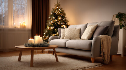 Cozy living room decorated for the holidays with a sofa, candles, and a Christmas tree illuminated in warm light creating a festive atmosphere