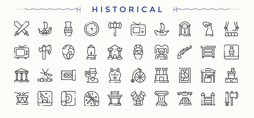 Set of Historical line icon. Mediaeval set of line pictogram. Outline symbol collection. Antiques vector icon set. Vector collections.