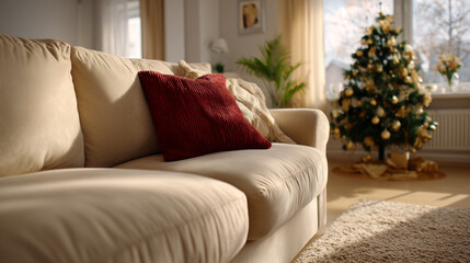 Cozy Living Room with Soft Beige Couch, Decorative Red Pillow, and Festive Christmas Tree in Bright Natural Light Setting
