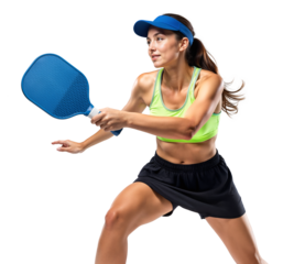 Athletic woman pickleball player holding a racket in active motion, isolated background