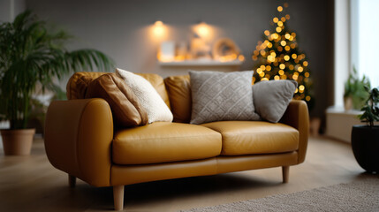 Cozy living room with stylish mustard yellow leather sofa and decorative pillows, modern interior design featuring a Christmas tree and warm lighting ambiance