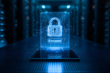 Advanced Digital Cybersecurity Secure your digital world with advanced encryption, A glowing holographic padlock on a laptop symbolizes robust cybersecurity and data privacy.