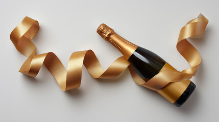 Elegant champagne bottle with luxurious golden ribbon on a sleek surface for celebration and event decor, ideal for festive moments and party planning