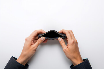 Financial Crisis Concept Broke and empty. Hands hold an open black coin purse with nothing inside, representing financial crisis, debt, or poverty on a clean white background.