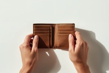 Empty Wallet Concept, Hands hold an empty brown leather wallet open on a white background, symbolizing being broke, financial loss, or poverty.