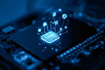 Secure Digital Chip Technology, A glowing microchip on a circuit board emitting holographic icons for global commerce and data protection.