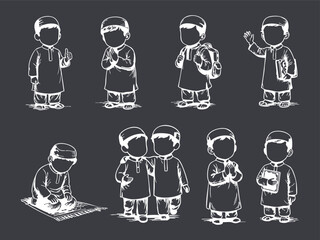 Chalkboard Sketch of Muslim Boys in Daily Activities