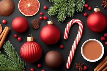 Christmas decorations with red ornaments, candy cane, and evergreen accents for festive holiday scene