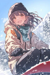 雪山でそりを楽しむアニメ風美少女の冬イラスト
