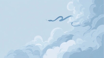 Animated depiction of a blue serpent gliding amidst fluffy, stylized clouds in a pastel sky, creating a serene and mystical ambiance