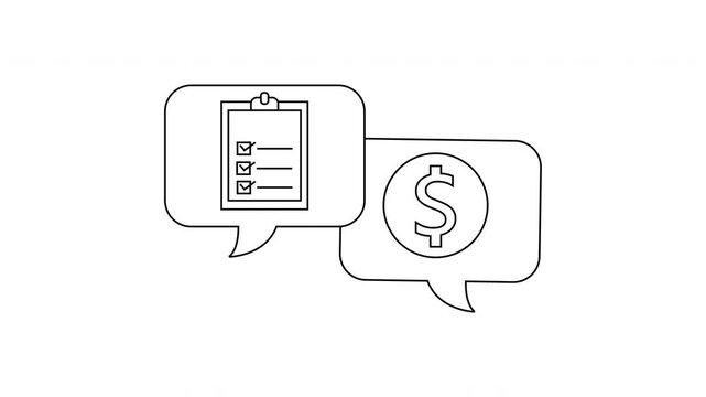 Two speech bubbles one with a clipboard icon and checkboxes the other with a dollar sign