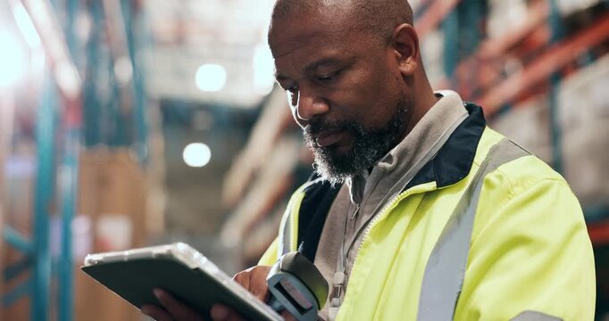 Shipping, tablet and black man in warehouse with barcode scanner for stock, inventory or check cargo. Technology, distribution and mature person with storage update, logistics reader and flare