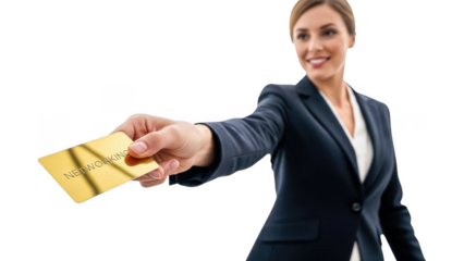 Businesswoman offering a gold credit card isolated on transparent background