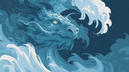 A stylized illustration features a mythical beast's head emerging from crashing waves, creating a dramatic, flowing composition