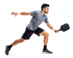 Side view of a pickleball player in motion to hit a ball on isolated transparent background