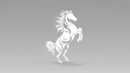 Fototapeta premium A rearing white horse silhouette with flowing mane and tail, against a soft gray backdrop. It is stylized, showing motion