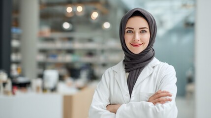 Pharmacy Professional's Confident Demeanor: A composed pharmacist, clad in a crisp white coat and modest headscarf, emanates confidence. Her arms are crossed, her smile genuine.