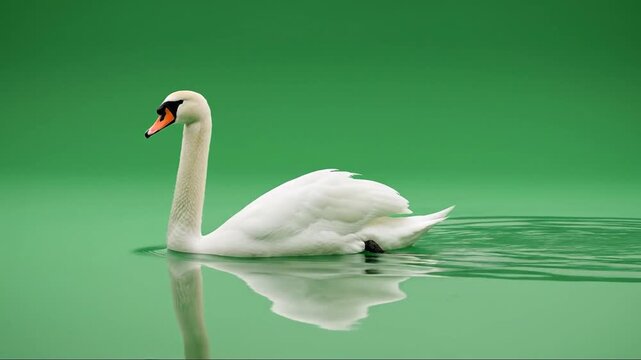 Serene White Swan Gliding Gracefully on Calm Green Water Slow Motion Video