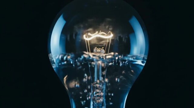 Conceptual light bulb filling with blue water to reveal a submerged city skyline. Surreal double exposure animation representing clean energy, ecology, and climate change ideas.