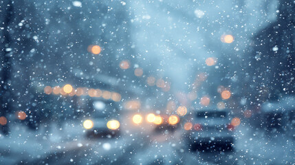 A dreamy soft-focus winter weather snowfall background floating snowflakes cool blue bokeh urban city street lights for seasonal ads, greeting cards driving designs needing gentle atmospheric visuals.