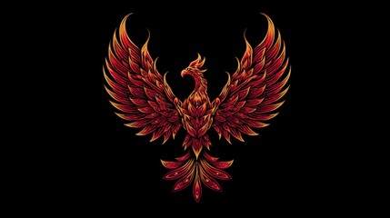 A vibrant, detailed illustration featuring a majestic mythological bird with fiery red and gold plumage, set against a stark black background