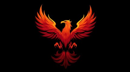 A vibrant mythological bird in flames, wings spread wide against a dark void, exuding power and rebirth
