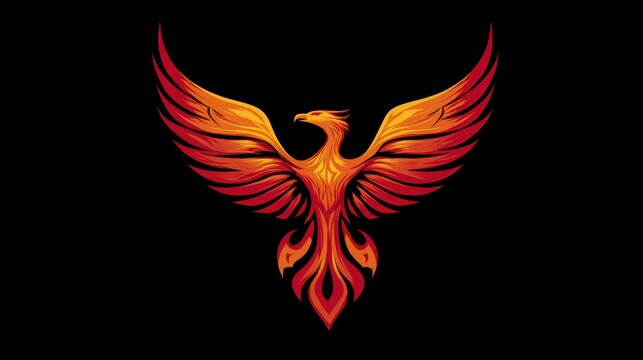 A vibrant, stylized illustration of a phoenix with fiery plumage, wings spread wide against a stark black backdrop. A symbol of rebirth