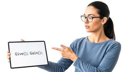 Woman pointing at tablet with code on screen isolated on transparent background