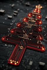 Red circuit tree lights glow on a dark motherboard, blending Christmas tech and festive design.