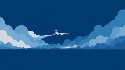 Fototapeta premium An aircraft gracefully soars through a deep blue sky amidst soft, fluffy clouds, leaving a white trail. The horizon line is visible