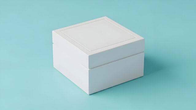 A white cube with a subtle shadow on a light blue background