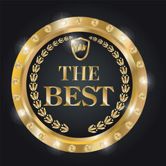  The "Best" badge with gold edging and diamonds. Vector drawing of a round emblem with the inscription The Best, on a dark background.