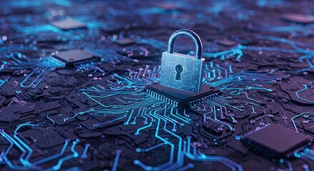 Digital security concept padlock symbolizes data protection on circuit board
