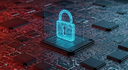 Digital security concept illuminated lock on computer chip circuit board