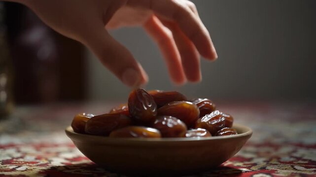 Close-up of hand reaching for dates in a bowl, traditional snack.