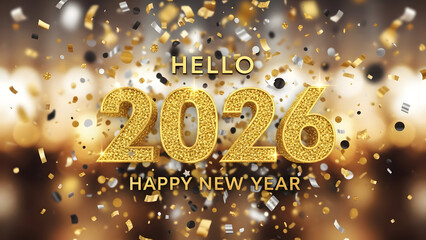 Celebrate the start of a new year with gold confetti and 'Hello 2026 Happy New Year' message