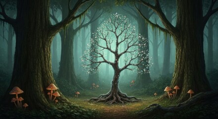 Glowing tree in mystical forest