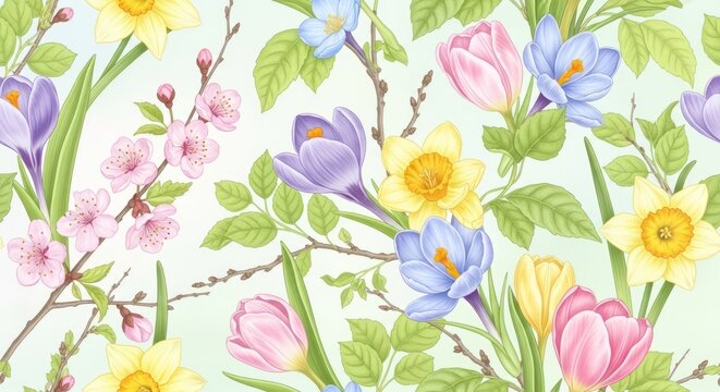 Watercolor style pattern of spring flowers and budding branches background - Powered by Adobe