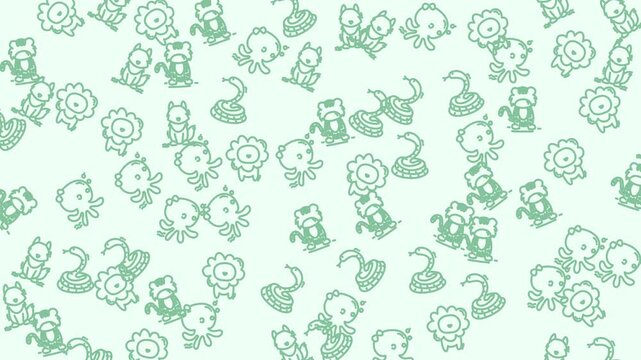 Light green cartoon pattern filled with various wild animals like lions, giraffes, and zebras. Perfect for childrens clothing or stationery designs.