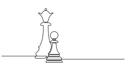 Hand drawn pawn and Queen chess piece vector. One line continuous drawing. Board game illustration. World chess day. Queen and pawn. Minimal print, banner, card, wall art poster, logo, sign, symbol. © UzzalChandra