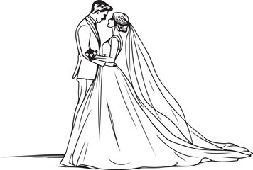 Cartoon illustration of a happy married couple featuring a bride in a fashion wedding dress holding a beauty bouquet and a groom celebrating their love and romance during the marriage ceremony