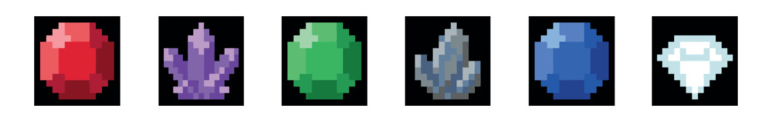 Collection of colorful pixel art gemstones and crystals in a retro 8-bit video game style, featuring various shapes and colors for fantasy game assets or user interface icons